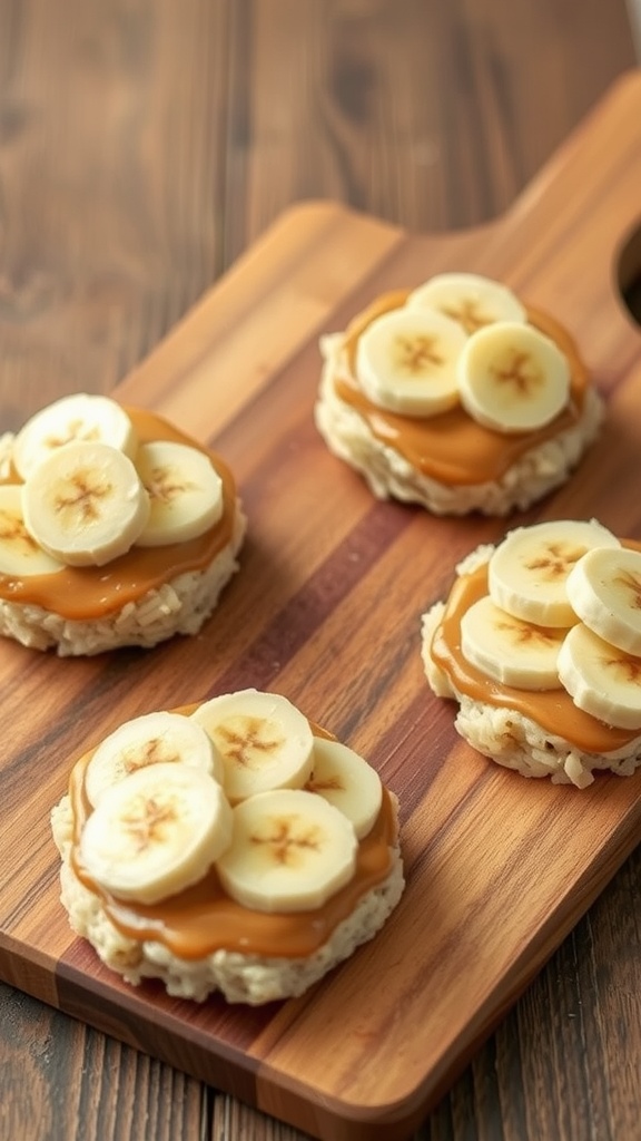 Crunchy rice cakes topped with nut butter and banana slices on a wooden board.