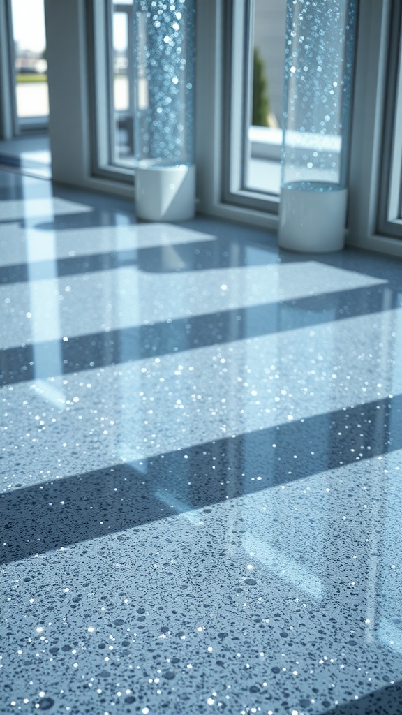 A beautiful crystal clear glitter epoxy floor reflecting light with a glossy finish.