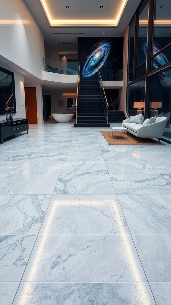 A modern home interior featuring glossy marble-like epoxy flooring, large windows, and stylish furnishings.