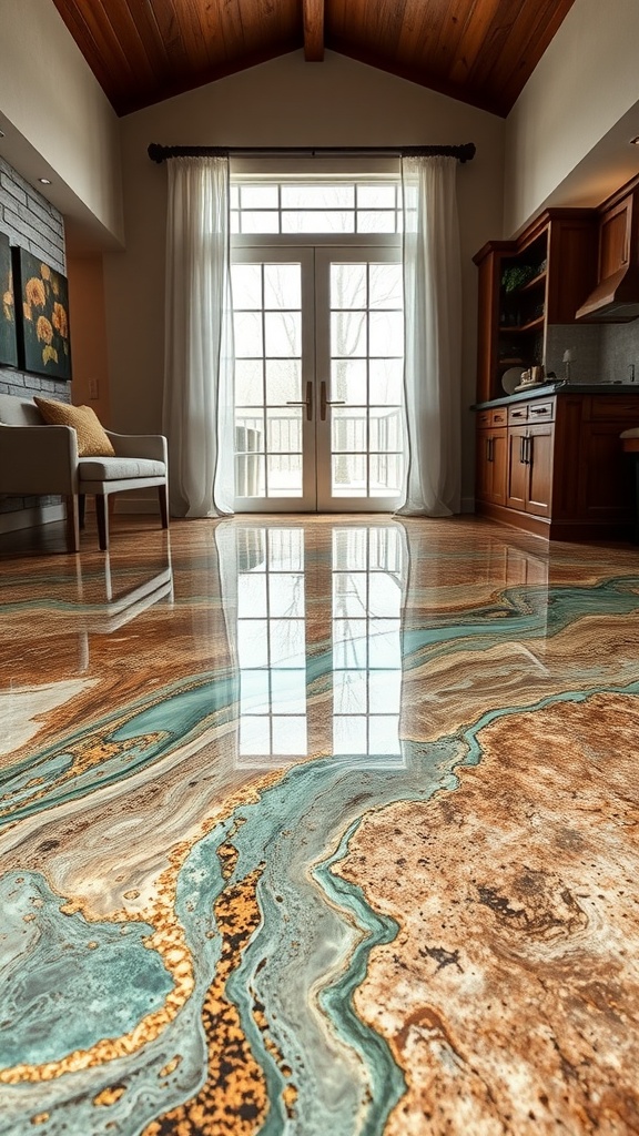 An epoxy floor with a crystal clear river flow effect, showcasing swirls of blue and brown.