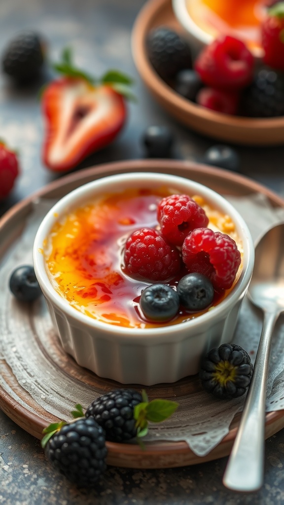 Delicious crème brûlée topped with fresh berries