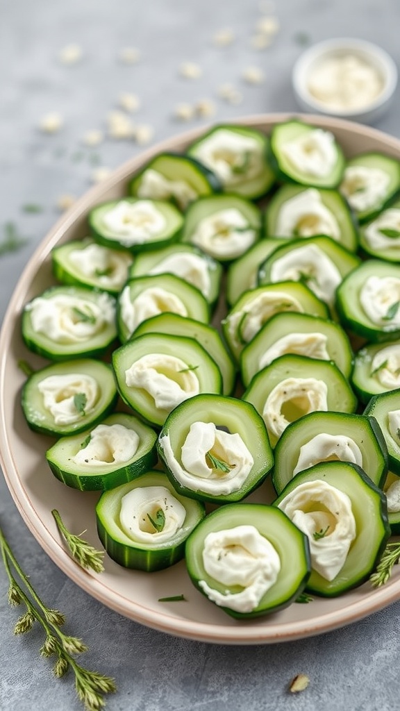 A platter of cucumber and cream cheese roll-ups, garnished with herbs.