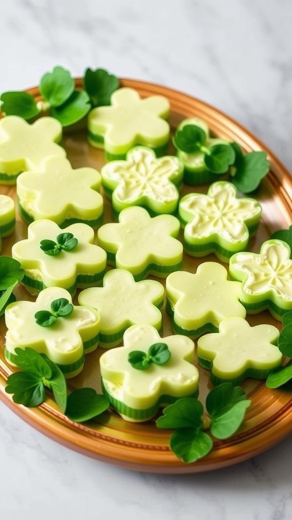 Cucumber and cream cheese sandwiches arranged on a platter.