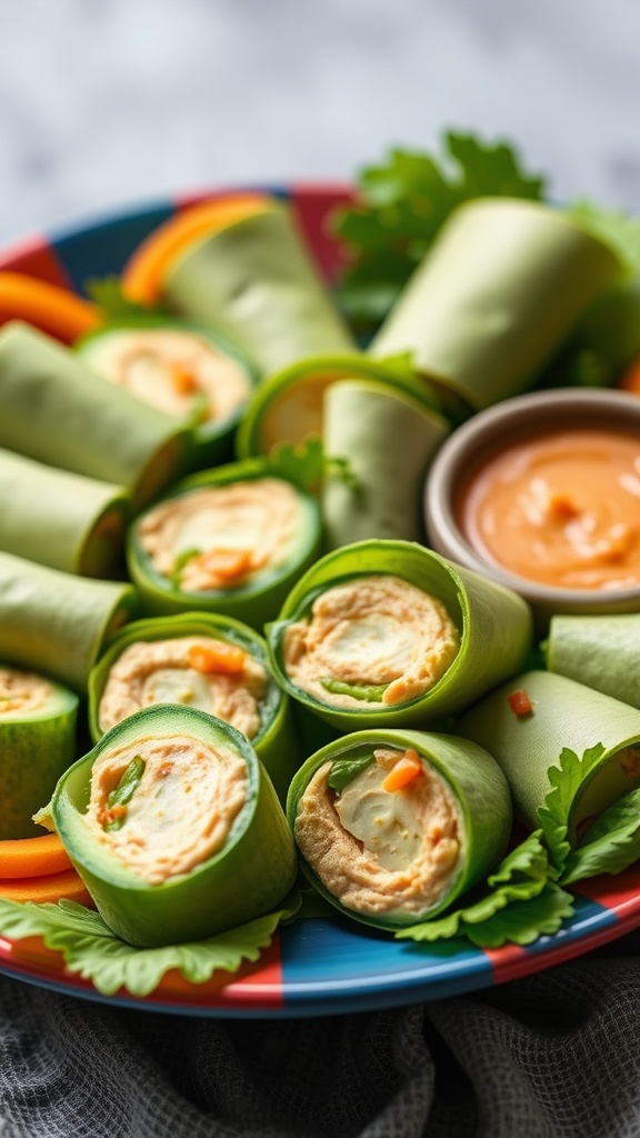 Cucumber and hummus wraps on a colorful plate