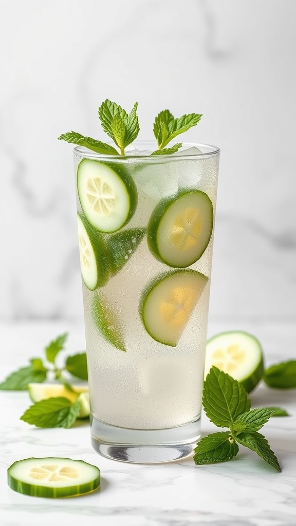 A refreshing Cucumber Mint Cooler in a glass, garnished with cucumber slices and mint leaves.