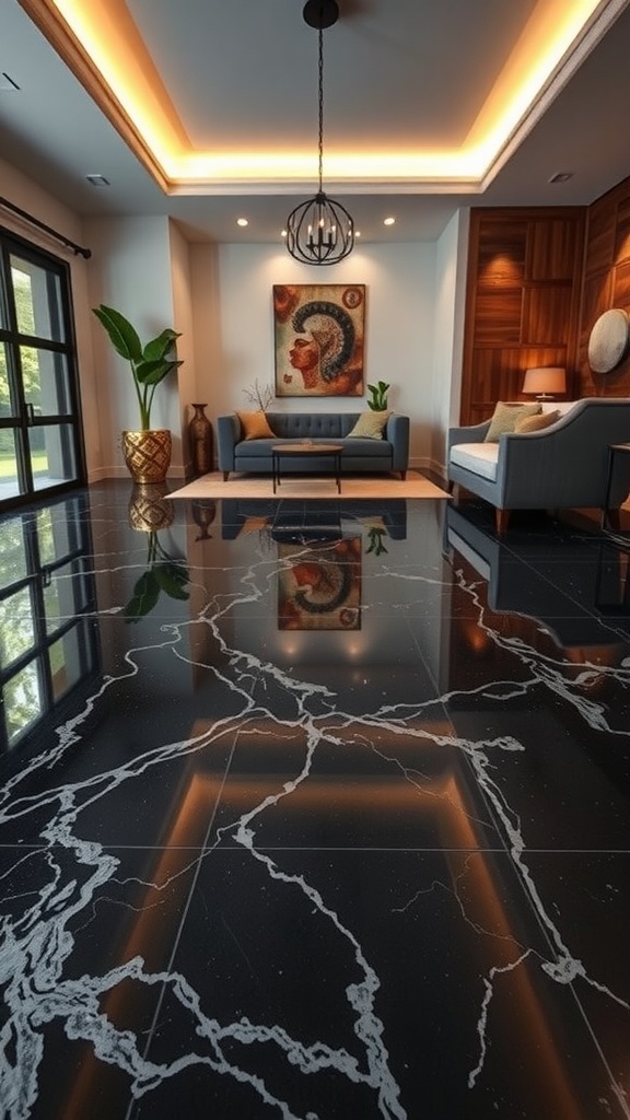 A luxurious living room with a black marble epoxy floor featuring striking white veining.