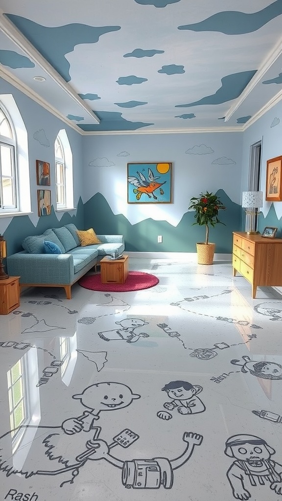 A beautifully designed epoxy floor with intricate floral patterns in warm tones.