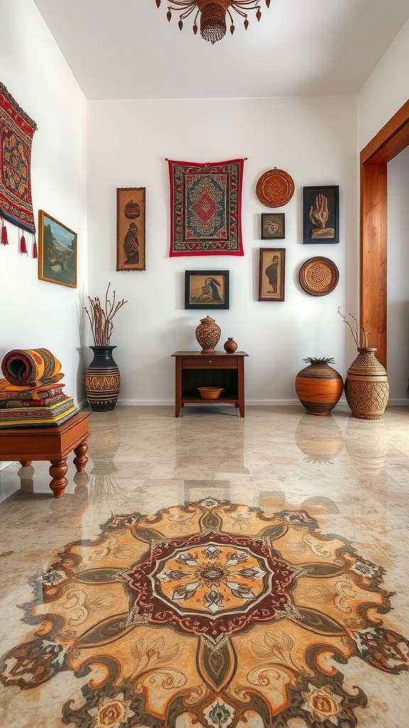 Cozy room with painted concrete floor featuring cultural patterns, plants, and bookshelves.