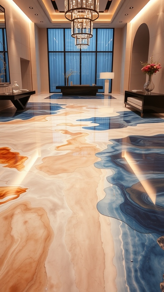 An epoxy floor with a vibrant koi fish design, showcasing cultural patterns.