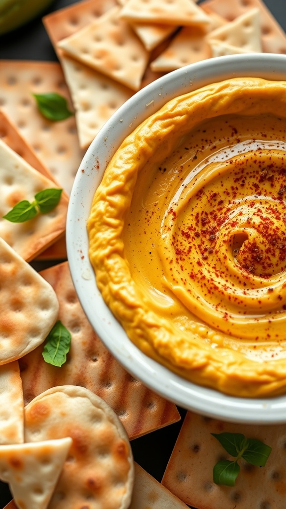A bowl of creamy curried chickpea dip surrounded by crackers