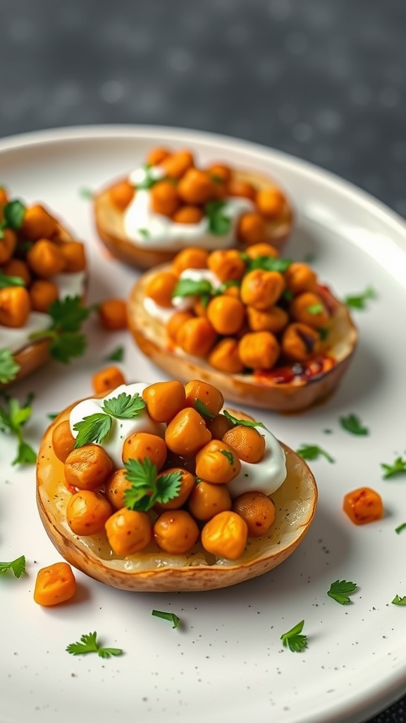 Curried chickpea potato skins topped with yogurt and cilantro