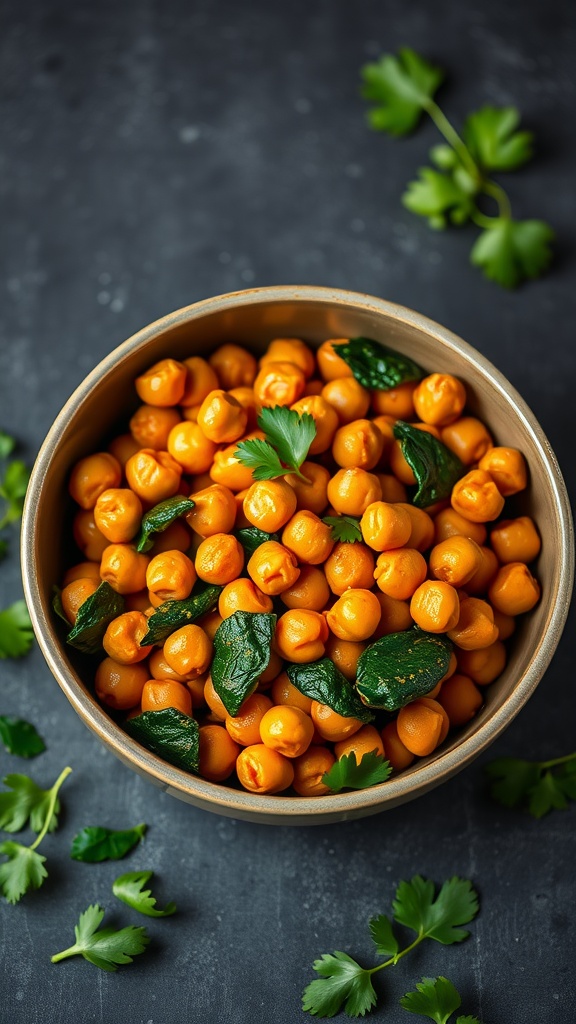 A bowl of curry chickpeas with spinach, garnished with fresh parsley.