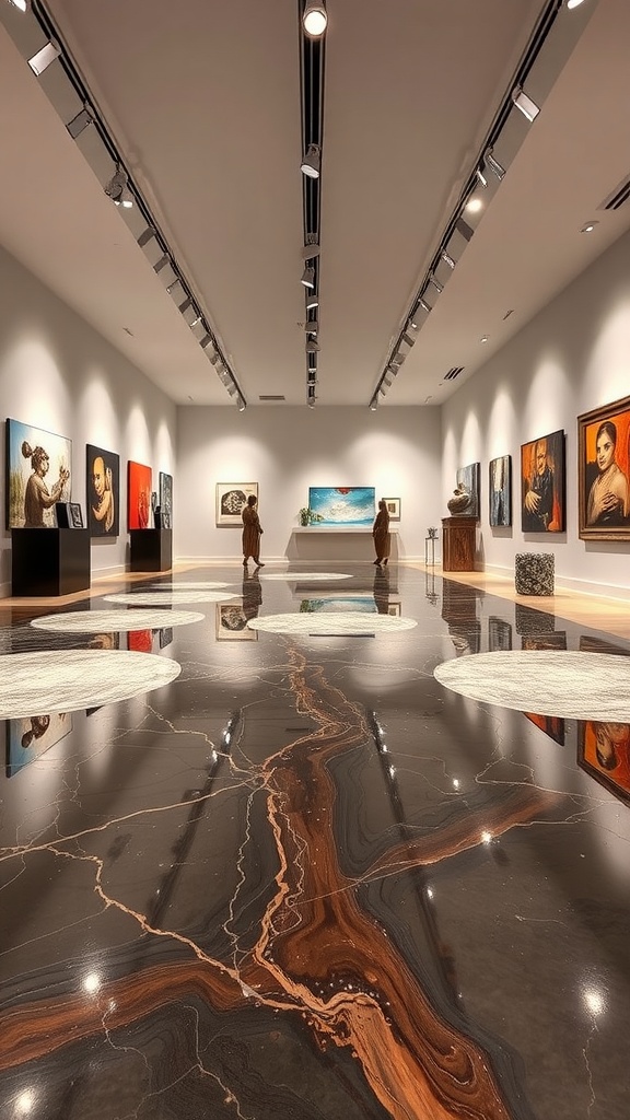 An interior space with a custom epoxy floor design featuring vibrant swirls of color resembling flowing marble.