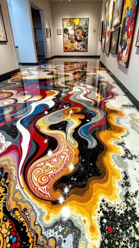 Colorful custom artistic designs on the floor of an art gallery.