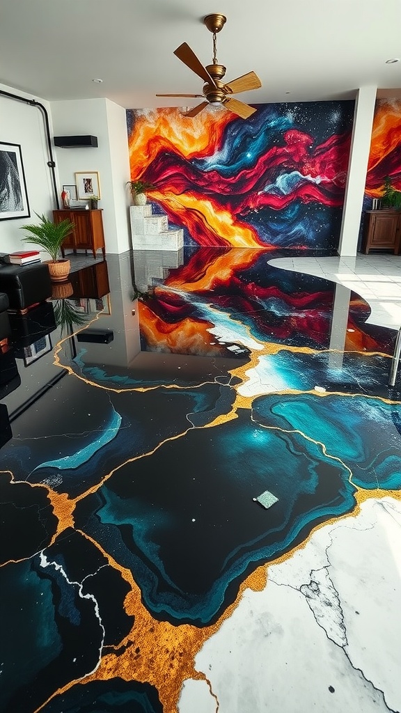 A beautifully designed epoxy floor featuring a mix of vibrant colors and intricate patterns, reflecting a modern artistic style.