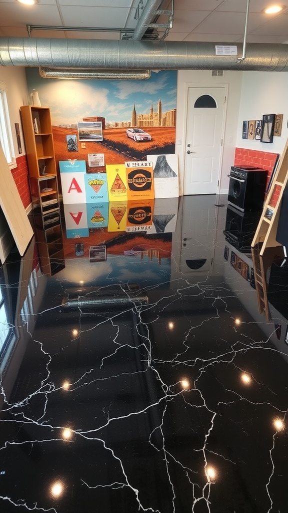 A room featuring a polished black marble epoxy floor with a vibrant mural on the wall.