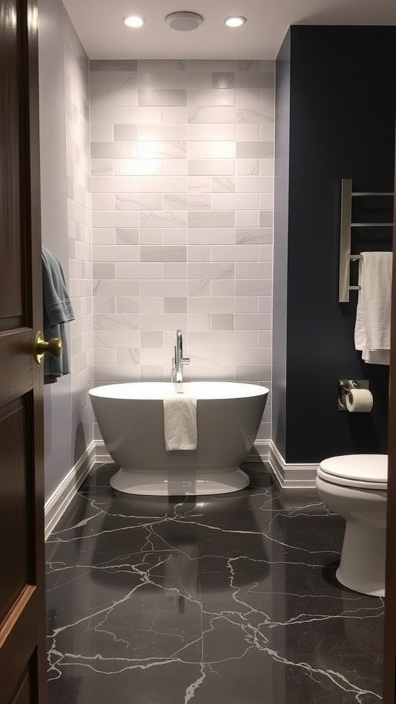 A bathroom featuring a colorful epoxy floor with playful graphics and bold letters.
