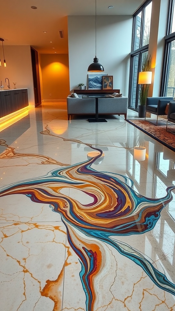 A beautifully designed epoxy floor featuring colorful swirls of artwork in a modern living space.