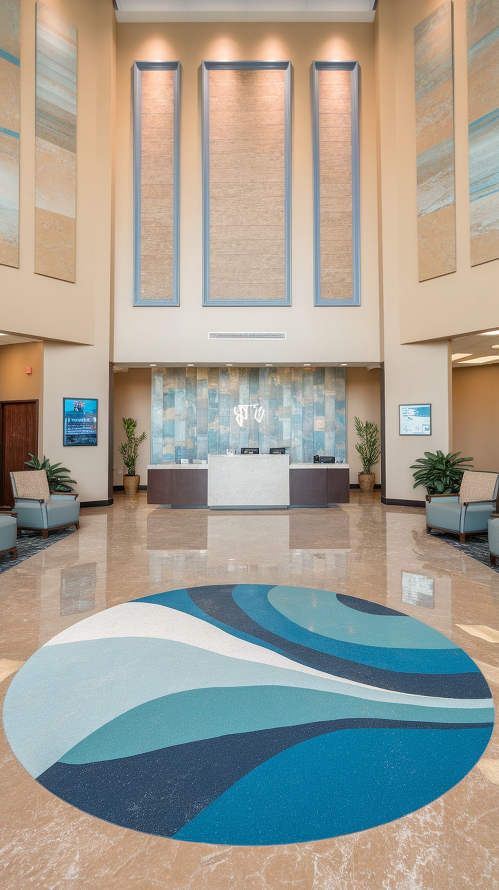 Custom epoxy floor design featuring colorful abstract patterns in a modern lobby.