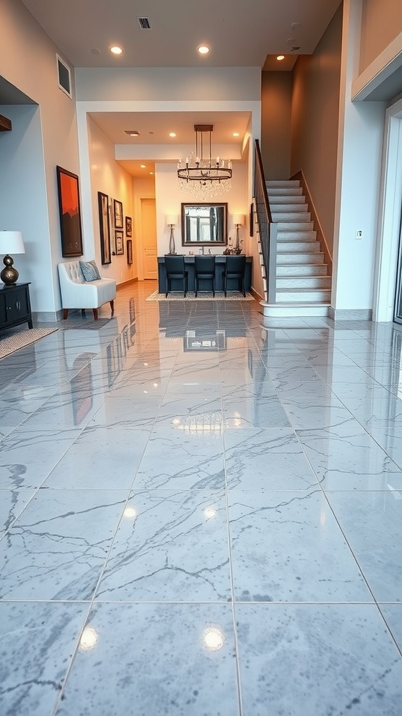 A modern living space featuring polished marble-style epoxy flooring, showcasing elegance and durability.