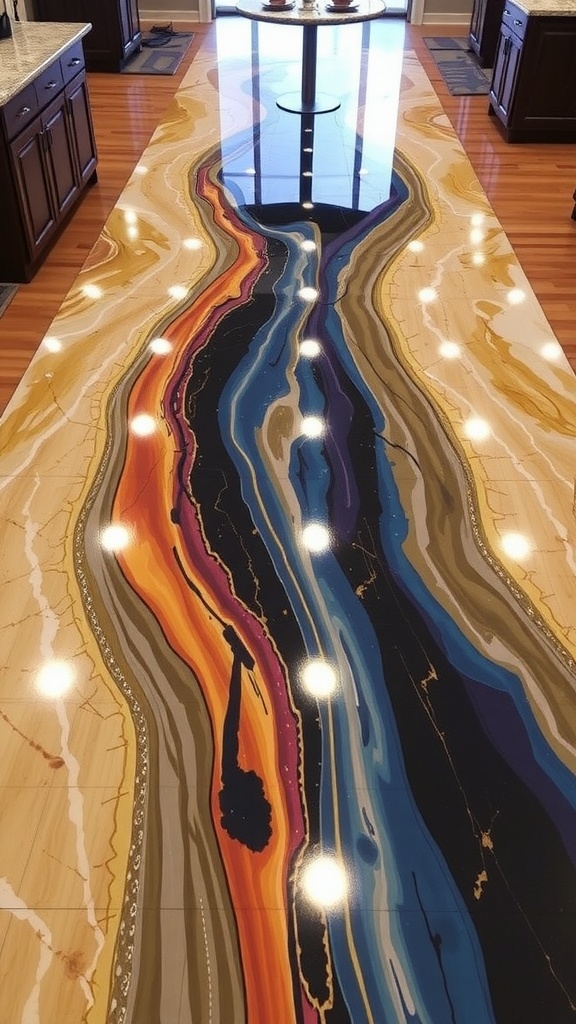 Custom artwork epoxy flooring with marble-like patterns in a modern interior space