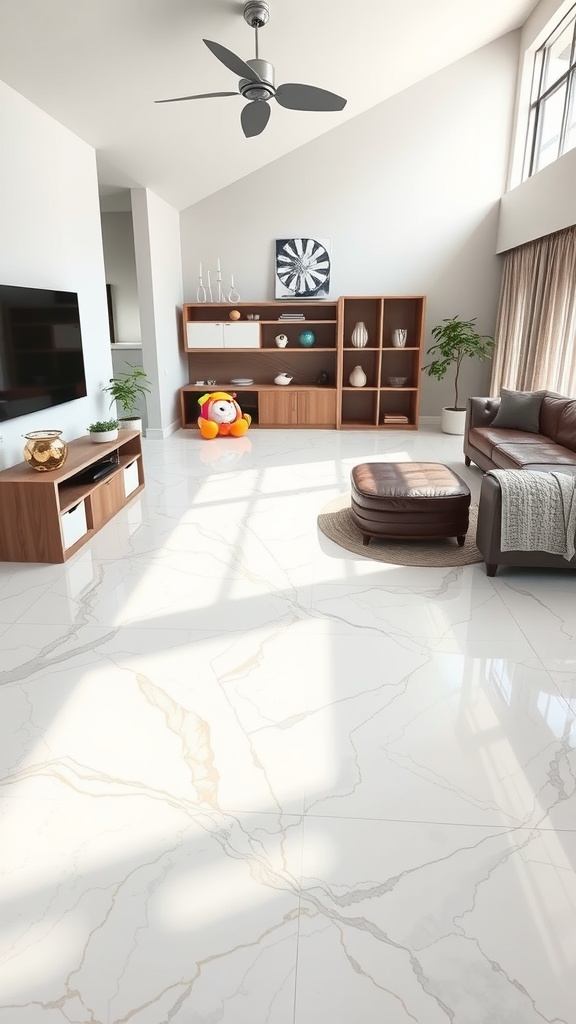 Living room with custom epoxy flooring featuring unique designs and patterns.