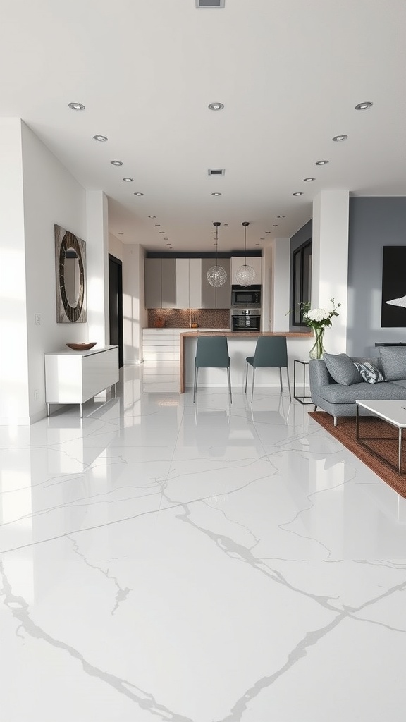 A modern living room with sleek white and grey epoxy flooring featuring a marble-like design, showcasing elegance and style.