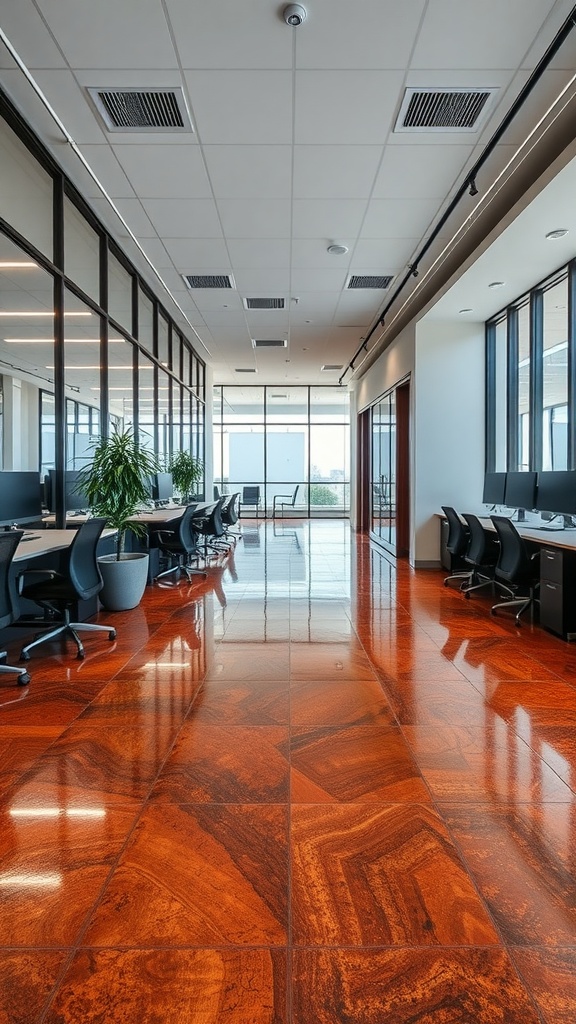 A modern office with polished epoxy flooring featuring custom color blends.