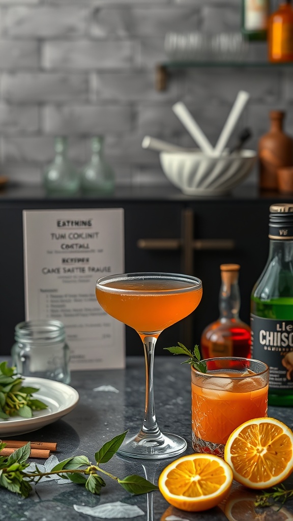 A stylish cocktail garnished with mint and an orange slice.