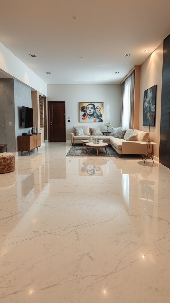 A modern living room featuring a marble epoxy floor with a stylish sofa and artwork on the walls.