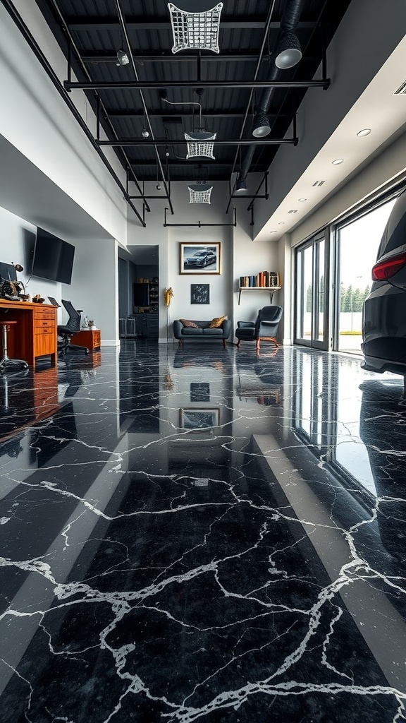 A sleek black marble epoxy floor in a modern office setting.
