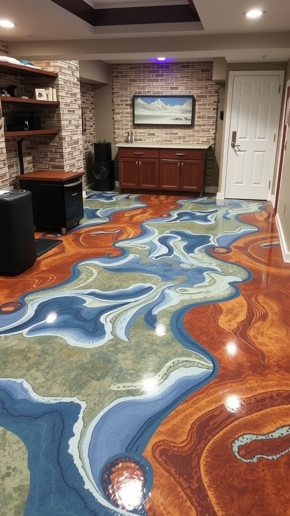 A stylish game room basement featuring a seamless epoxy floor with contrasting colors.