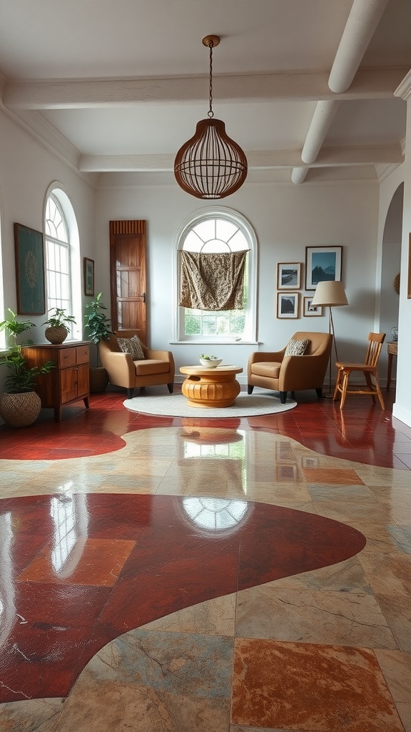 A cozy living room with custom epoxy flooring featuring warm tones and a boho style.