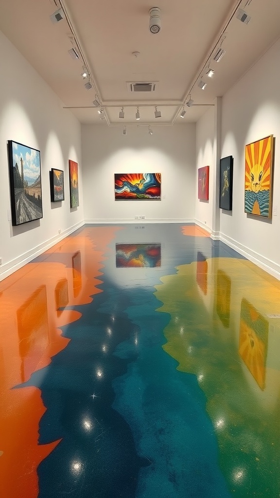 A beautifully designed epoxy floor with custom color blends in an art gallery setting.