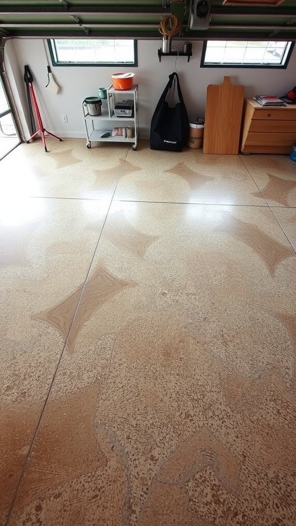 A stylish garage with a vibrant epoxy floor featuring blue wave patterns and bright borders.