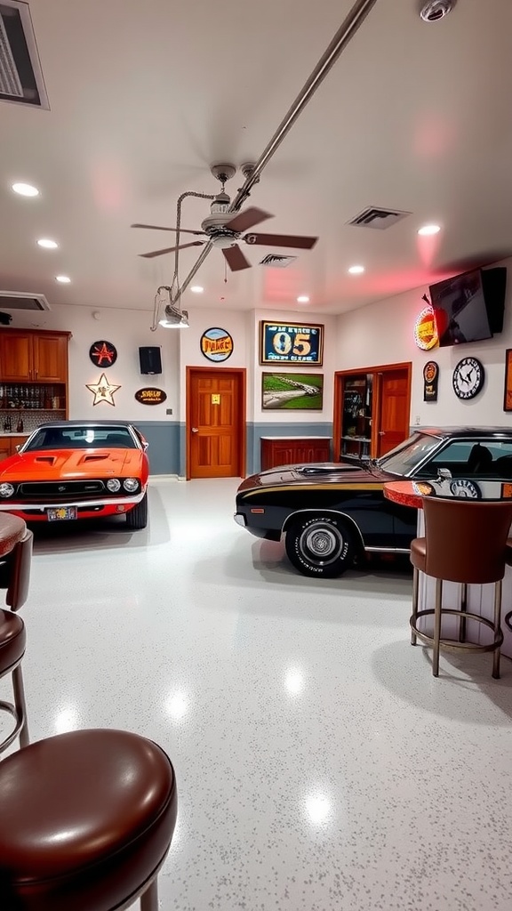 Artistic space with colorful custom concrete flooring and artworks displayed