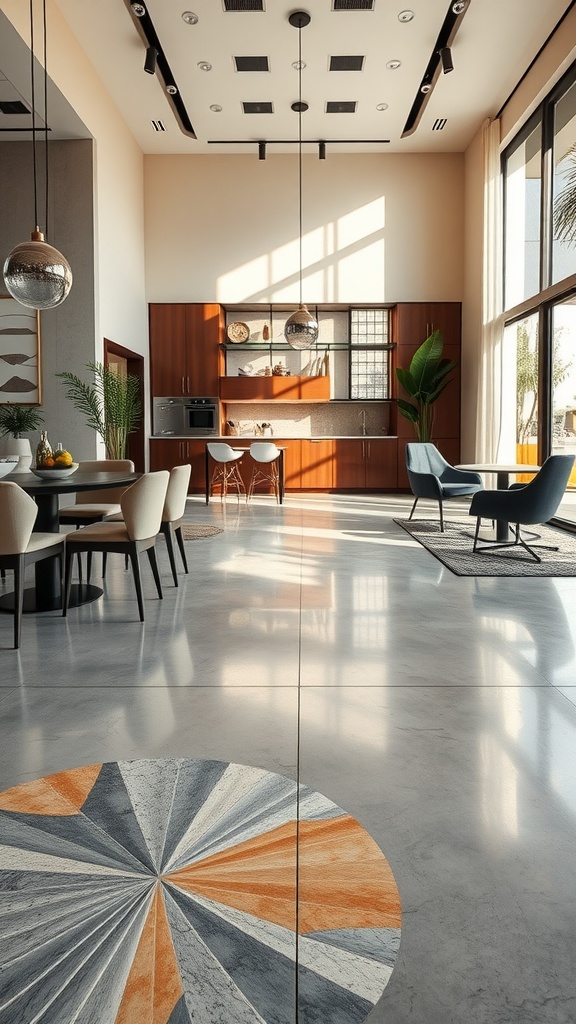 A modern interior featuring polished concrete flooring with a colorful custom inlay design.