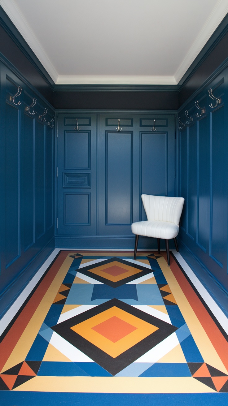 A vibrant geometric epoxy floor in a stylish entryway with blue walls and a white chair.