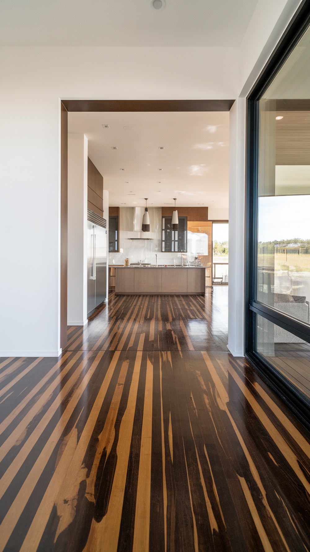 A modern kitchen with striking patterned flooring, showcasing a blend of dark and light wood tones.