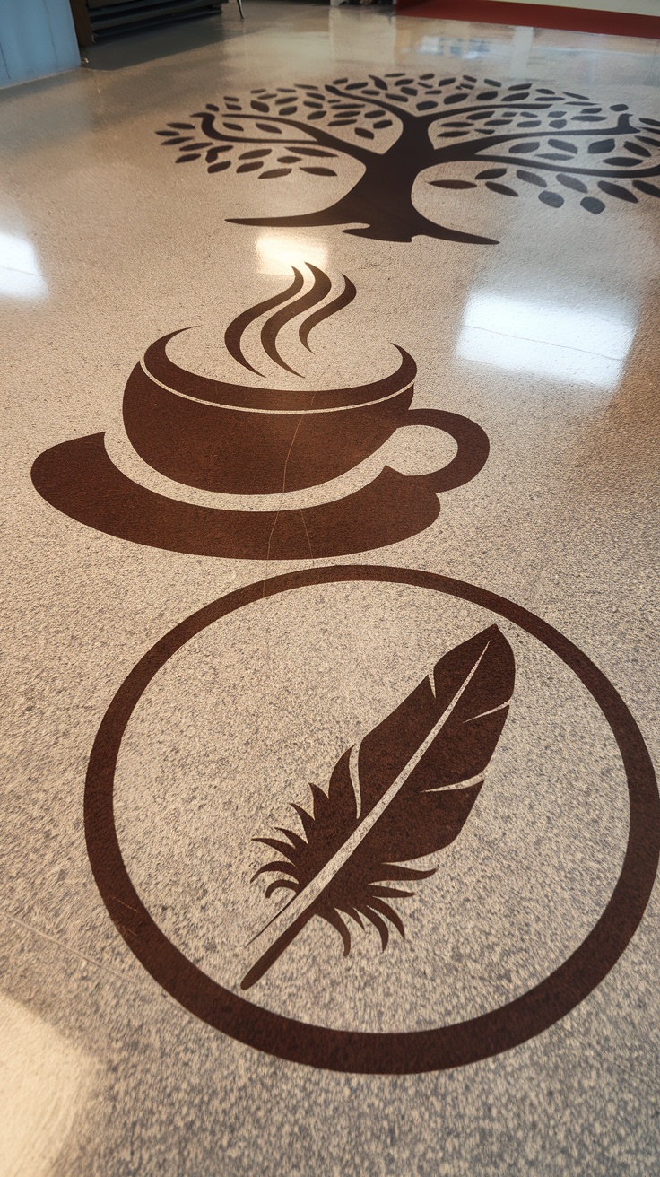 Custom epoxy flooring design featuring a tree, steaming cup, and feather