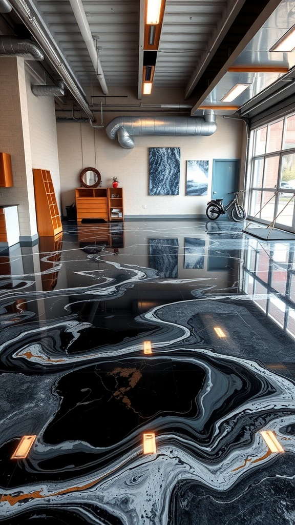 A beautifully designed epoxy floor showcasing swirling black and white patterns with warm lighting.