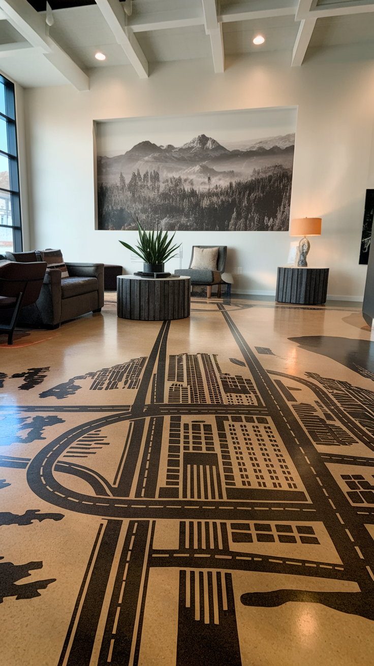 A stylish epoxy floor featuring a city map design in a modern interior setting.