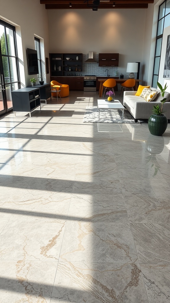 A modern living room with a polished concrete floor featuring intricate design patterns, showcasing natural light and sleek furniture.