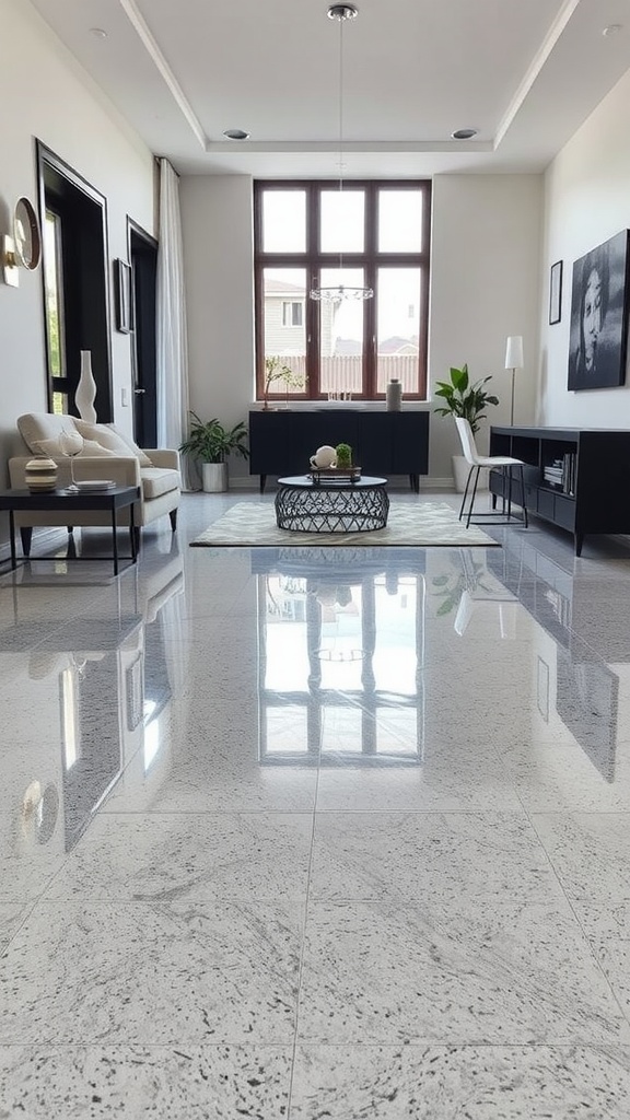Vibrant custom epoxy floor pattern with geometric shapes in red, blue, and orange colors.