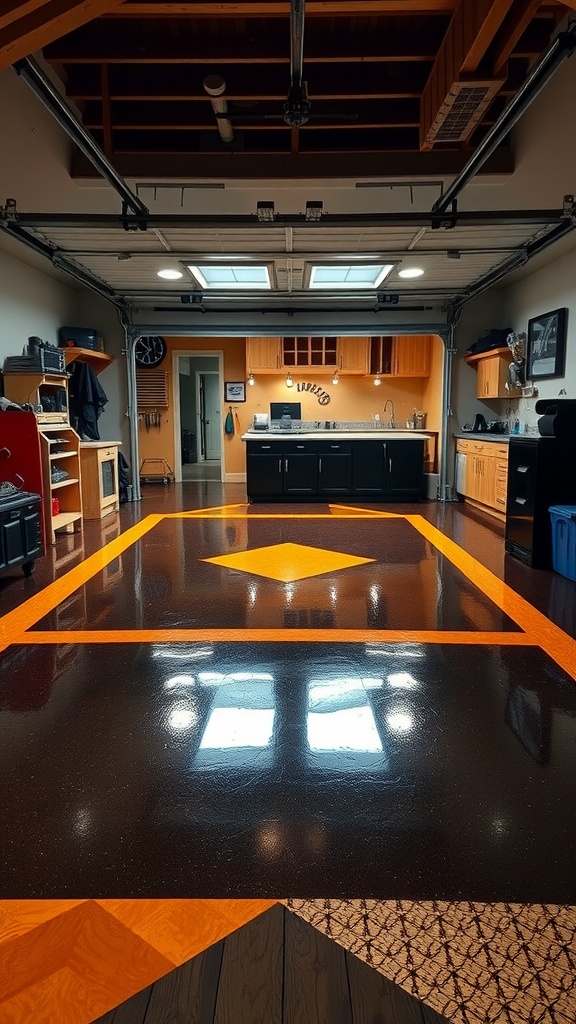 A stylish garage with custom epoxy flooring featuring dark and orange designs, showcasing a modern workspace.