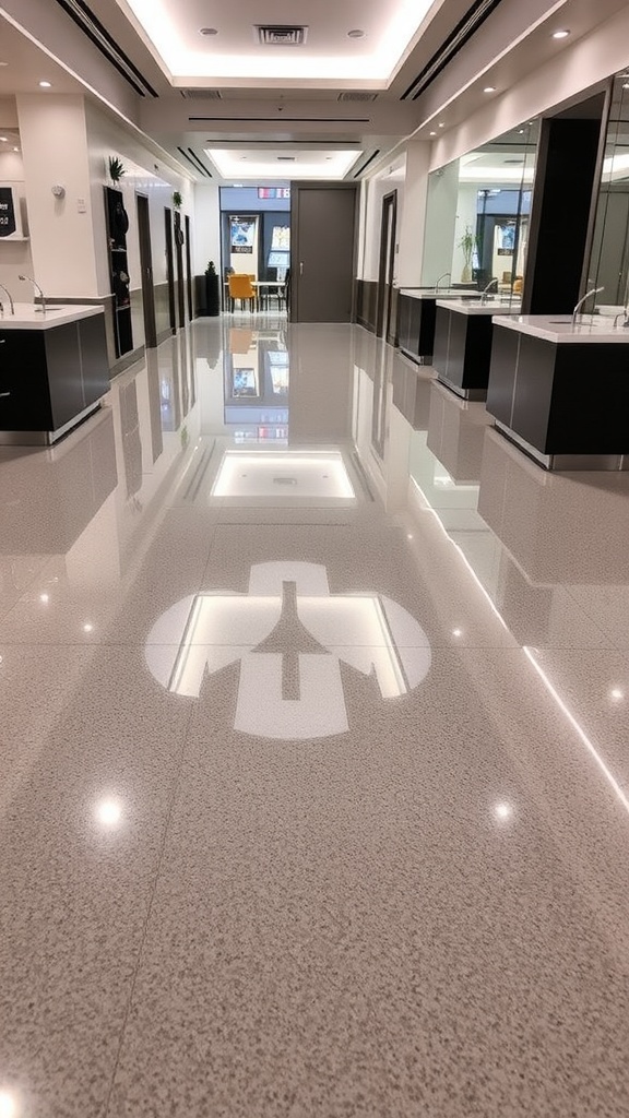 Modern interior with polished concrete floors featuring a custom epoxy logo.