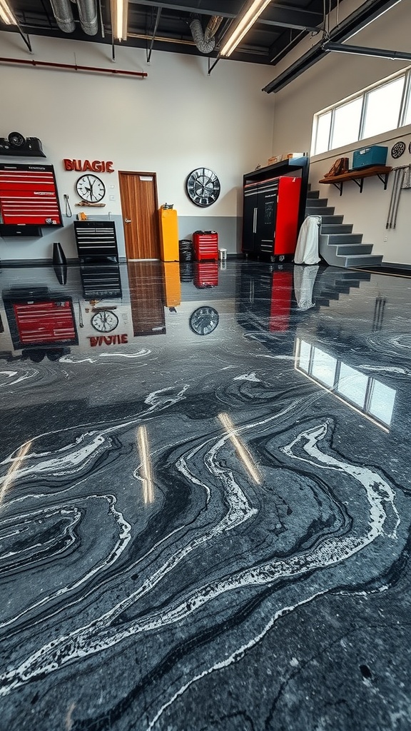 A modern garage with a marbled charcoal epoxy floor, showcasing a sleek and stylish design.
