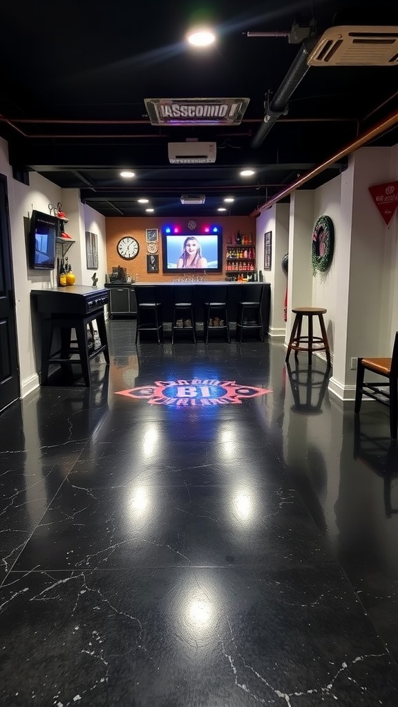 A modern basement with a glossy black epoxy floor featuring a custom graphic design.