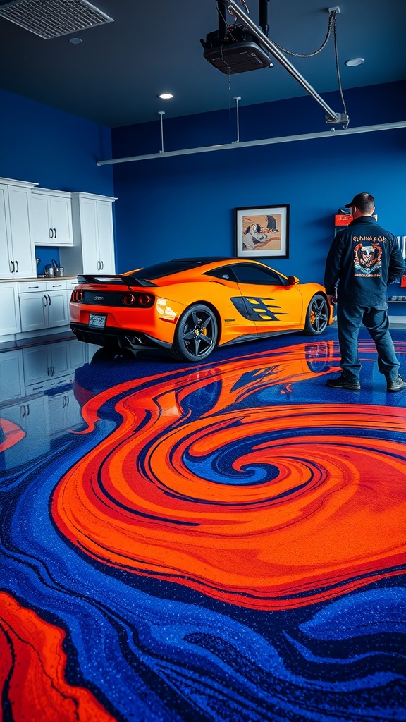 A garage with a custom graphic epoxy floor featuring orange and dark blue swirls, showcasing a stylish car.