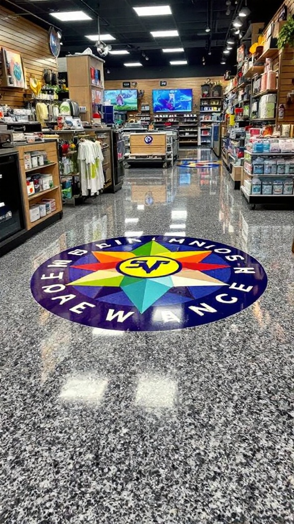A retail store interior featuring a colorful graphic epoxy design on the floor.